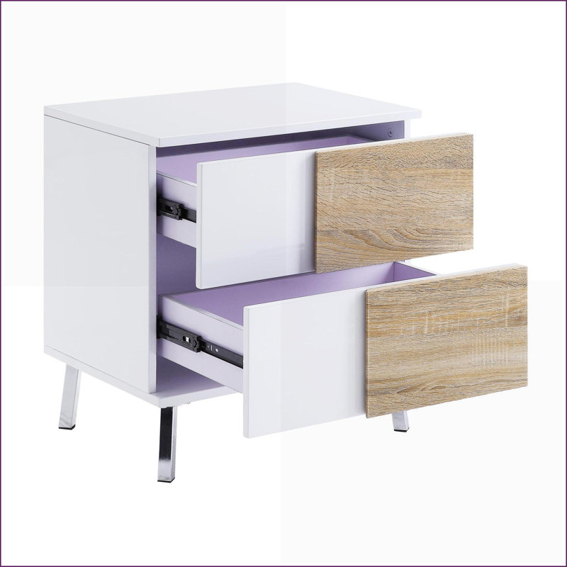 Table basse blanche brillante et naturelle avec 2 tiroirs, rangement organisé et arrêt de sécurité pour le salon