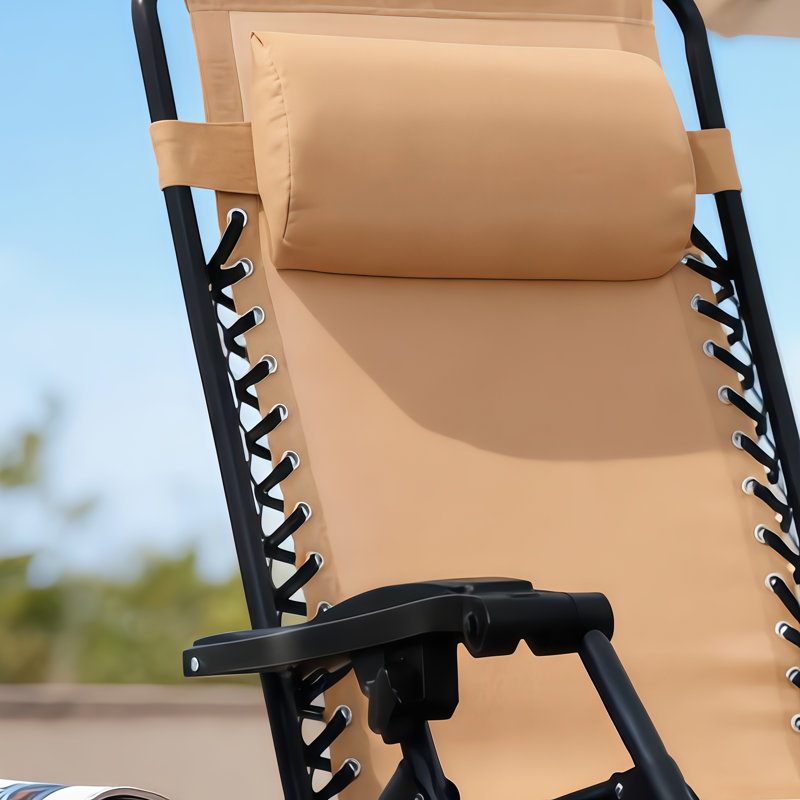 Beige Adjustable Lawn Chair For Outdoor Patio Zero Gravity Foldable Design With Padded Headrest And Weatherproof Textile Material
