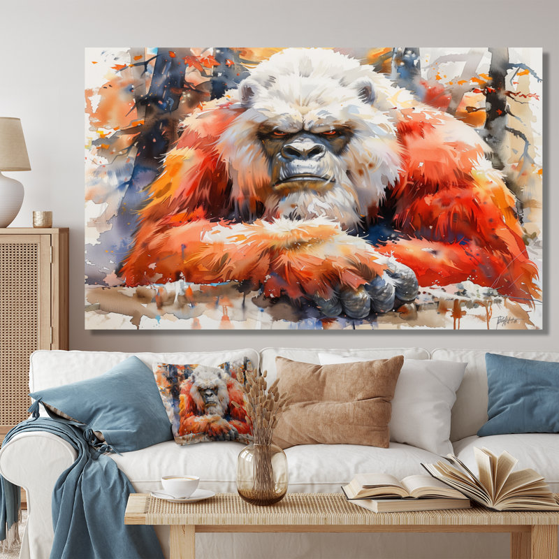 Décoration murale blanc et rouge d'hiver à poils longs Bigfoot, Toile tendue, 24" H x 32" W