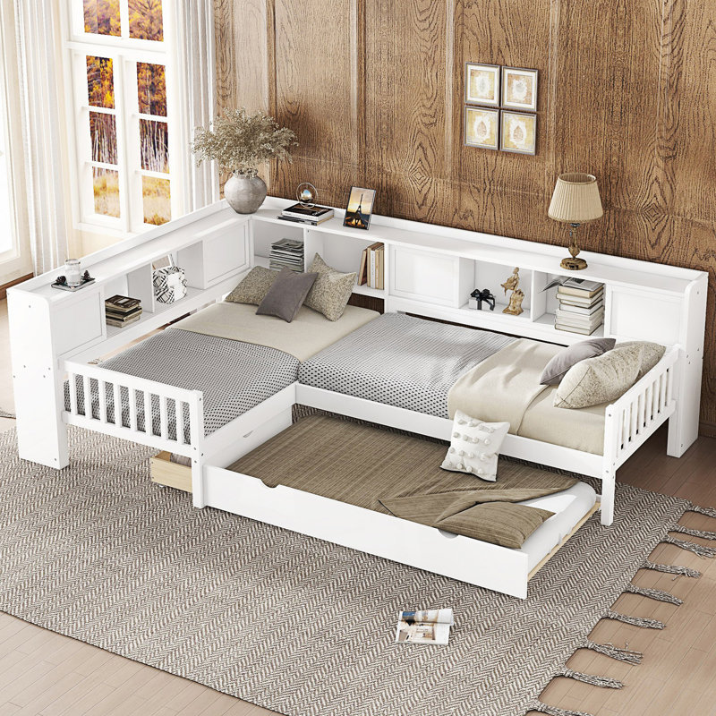 Lit plateforme en L simple avec lit gigogne, lit plateforme avec tiroirs de rangement et tablettes, Blanc