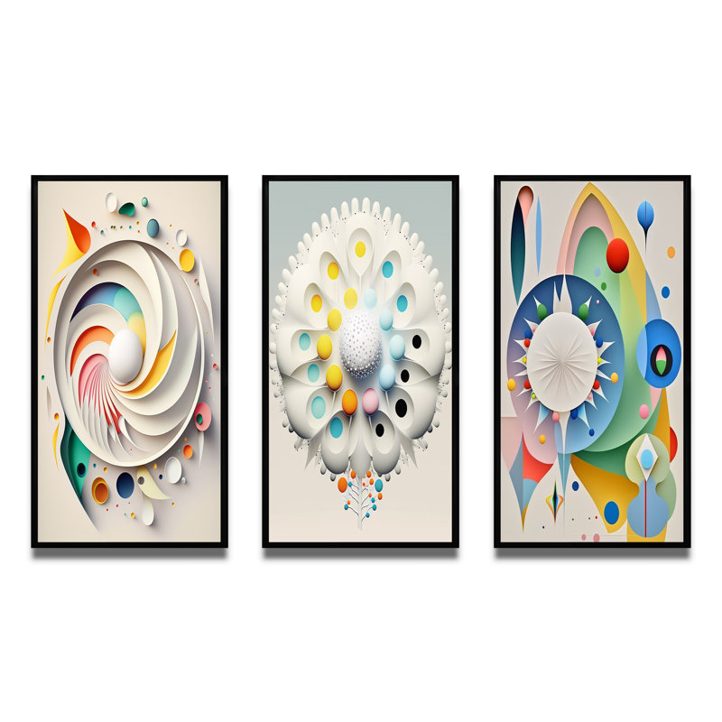 "Métamorphose géométrique de l'éveil II", 3 pièces sur toile, Cadre flottant noir, H 40 po x l 60 po