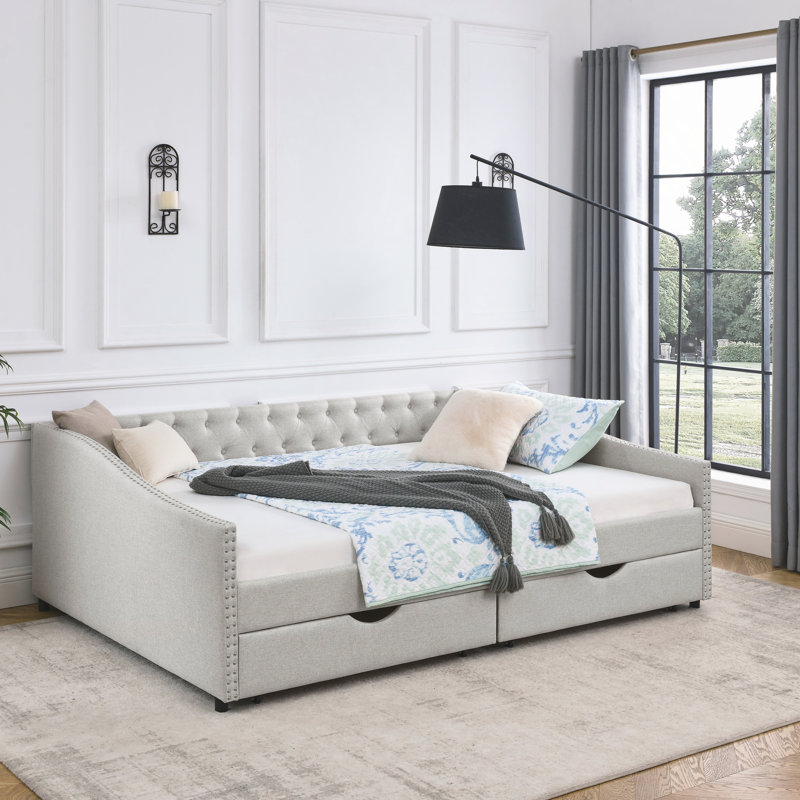 Lit de jour avec tiroirs rembourrés et capitonnés, Grand lit, Beige