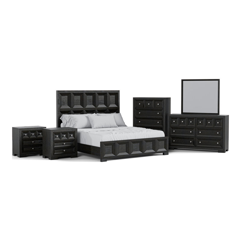 Schell 6-Piece Bedroom Set, Queen, Black, 6 Pieces:Bed,2Nightstands,Dresser,Chest, Mirror