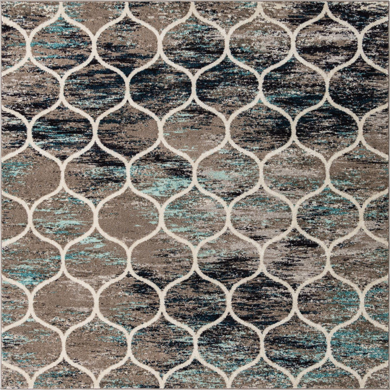 Llanet Geometric Area Rug, Square 7'10", Multi Blue