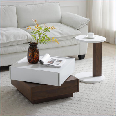 2-Set High Wood 2-Tier Coffee Table with Rotating Top & Drawers, Space-Saving for Small Living Rooms