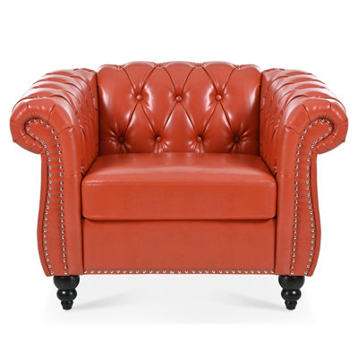 Chesterfield Tufted Faux Leather Armchair, Rolled Arm Accent Chair with Nailhead Decor and Solid Wood Legs for Bedroom Office
