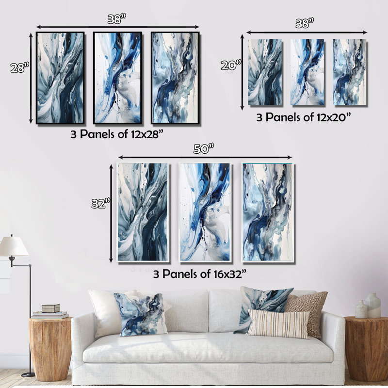 Ensemble de 3 toiles bleues et grises bleu et gris - Elixir bleu et gris, Cadre flottant blanc, H 32 po x l 48 po