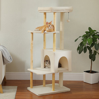 Grand arbre à chat, tour à chat en bois moderne de 53 pouces pour grands chats d'intérieur, condos à plusieurs niveaux avec poteaux à griffer longs et bois naturel