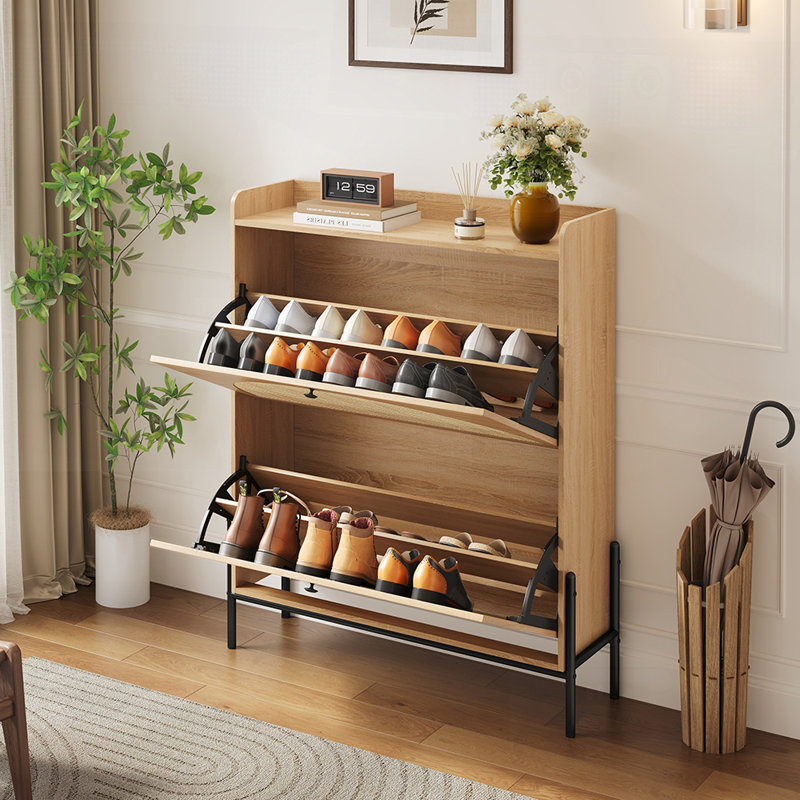 Armoire à chaussures en bois à 2 tiroirs avec portes en rotin, organisateur de rangement autoportant étroit pour l'entrée et les couloirs