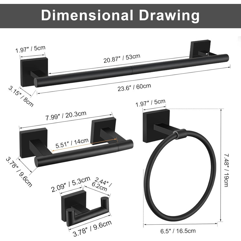 Bathroom Hardware Set - 5 Piece Towel Bar, Toilet Paper Holder, Towel Ring And Robe Hooks - Stainless Steel Wall Mounted Set With Dual Base Design For Enhanced Stability