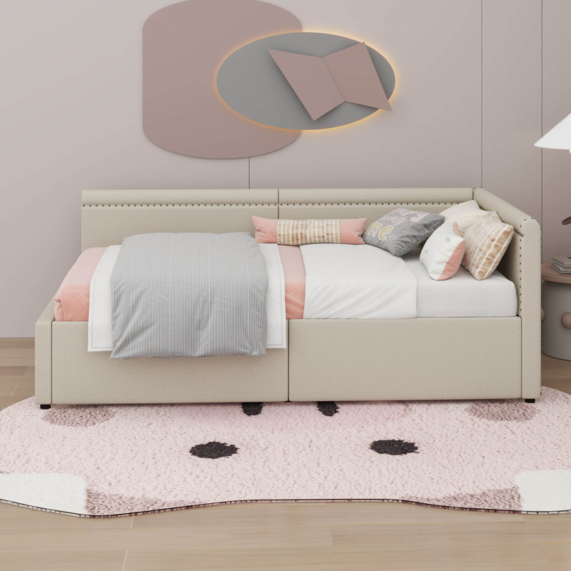 Structure de lit simple en coin avec tiroirs, Beige