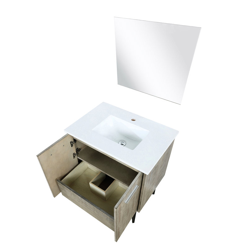 30 po L x P 20 po avec comptoir en quartz blanc, miroir mural de 28 po, fermeture en douceur et aspect rustique attrayant avec mécanisme de fermeture, surface
