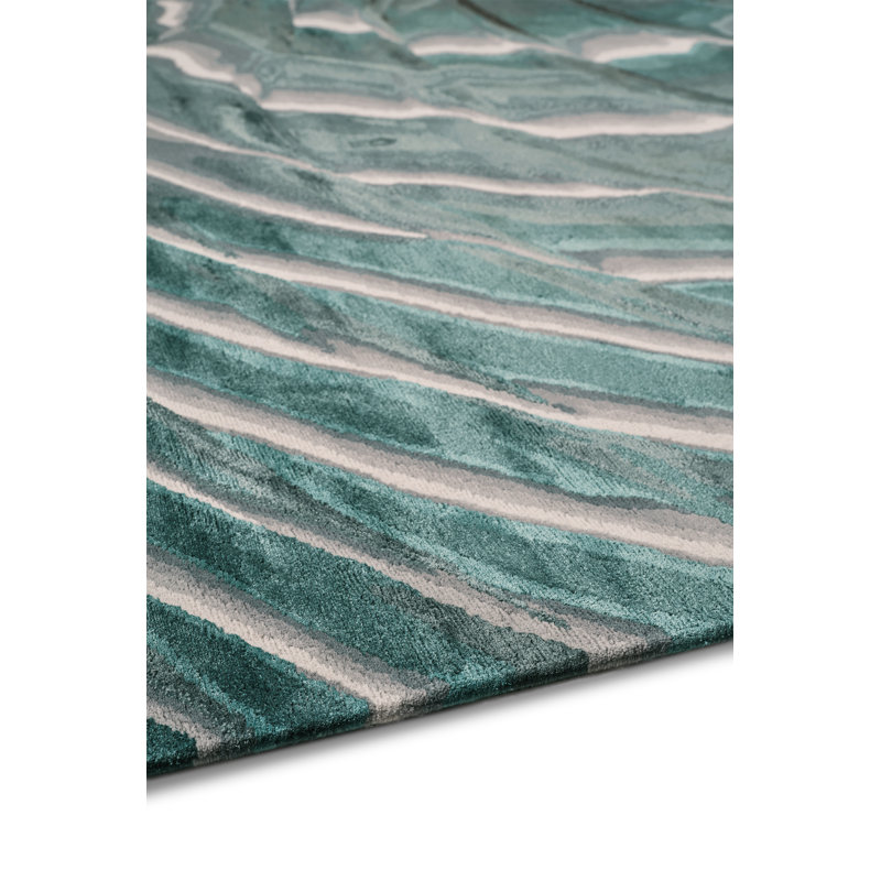 River Hand Knotted Wool/Silk Abstract Area Rug in Teal/Gray/Ivory by Chihuly, Rectangle 4' x 6'