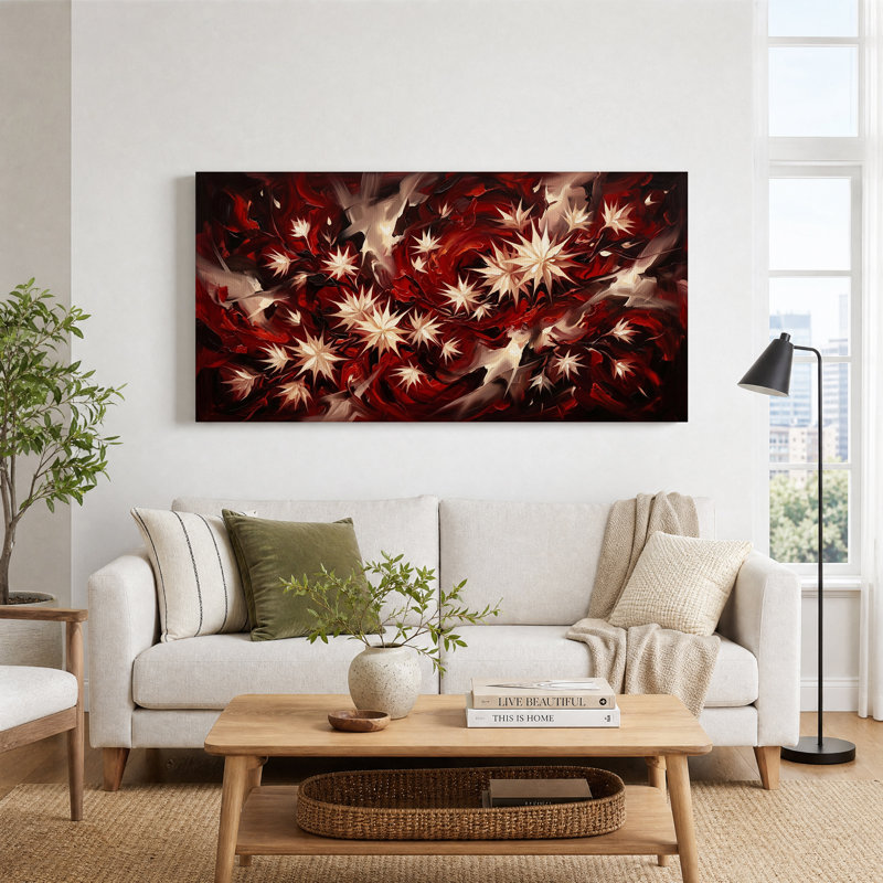 «White Starbursts on Deep Red», art mural sur toile, L 46 po x H 24 po