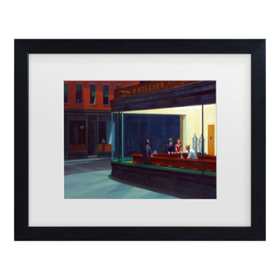 Framed Wall Art - Edward Hopper ‘Nighthawks’ Wall Decor with Matted Frame - Living Room, Kitchen, and Bathroom Art - 11x14
