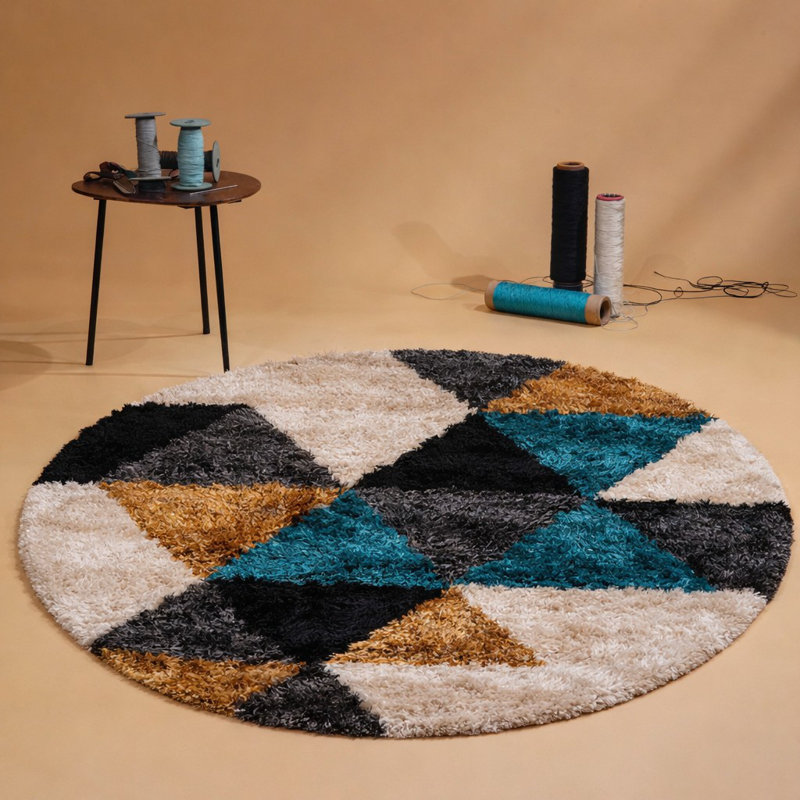 Hand Tufted Shag Polyester Eco-Friendly Area Rugs - Round, Multicolor, Geometric Modern Design, High Pile Thick Handmade Anti Skid Area Rugs for Living Room, Bed Room