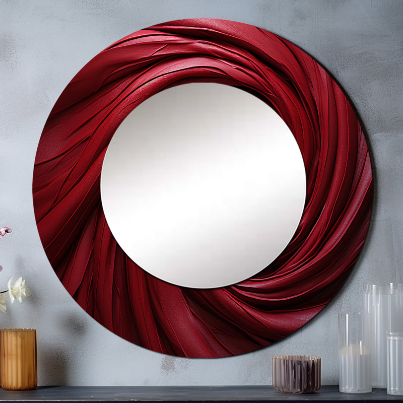 Red Winding Wonder - miroir mural décoratif à spirales abstraites, miroir rouge, impression sur métal, 29 po x 29 po, Rond