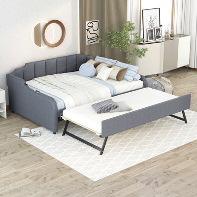 Lit de jour double rembourré avec lit gigogne et conception de chargement USB, le lit gigogne peut être plat ou érigé, gris