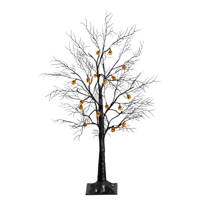 Arbre d'Halloween artificiel pré-éclairé noir avec 18 lumières DEL en forme de citrouille