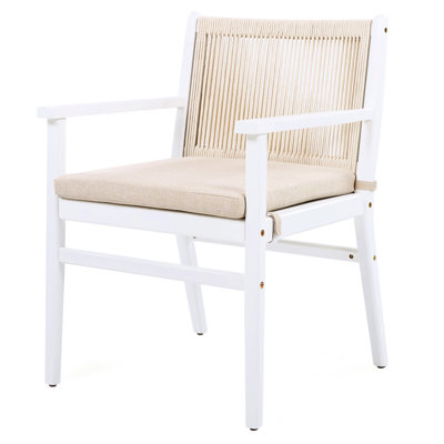 Fauteuil de patio en bois pour 2 personnes, dossier en corde et coussin d'eau, structure blanche, support de charge de 400 lb, housse de coussin amovible, entretien facile, siège ergonomique, pour chaises de salle à manger ou de balcon