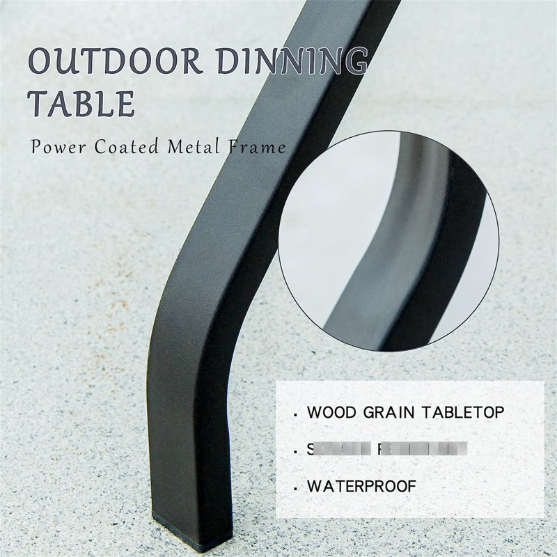 Table de salle à manger d'extérieur avec support en métal et plateau élégant en faux bois