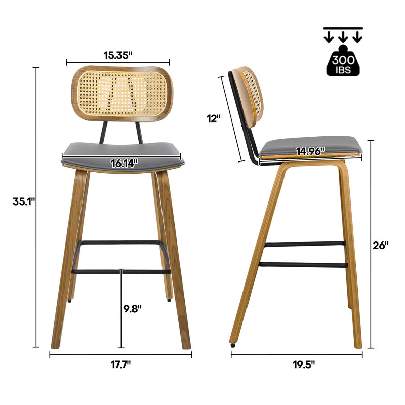 26" Modern Upholstered Low Back Rattan Wood Counter Height Stool, Gray Faux Leather, 2, Counter Stool (26"" Seat Height)