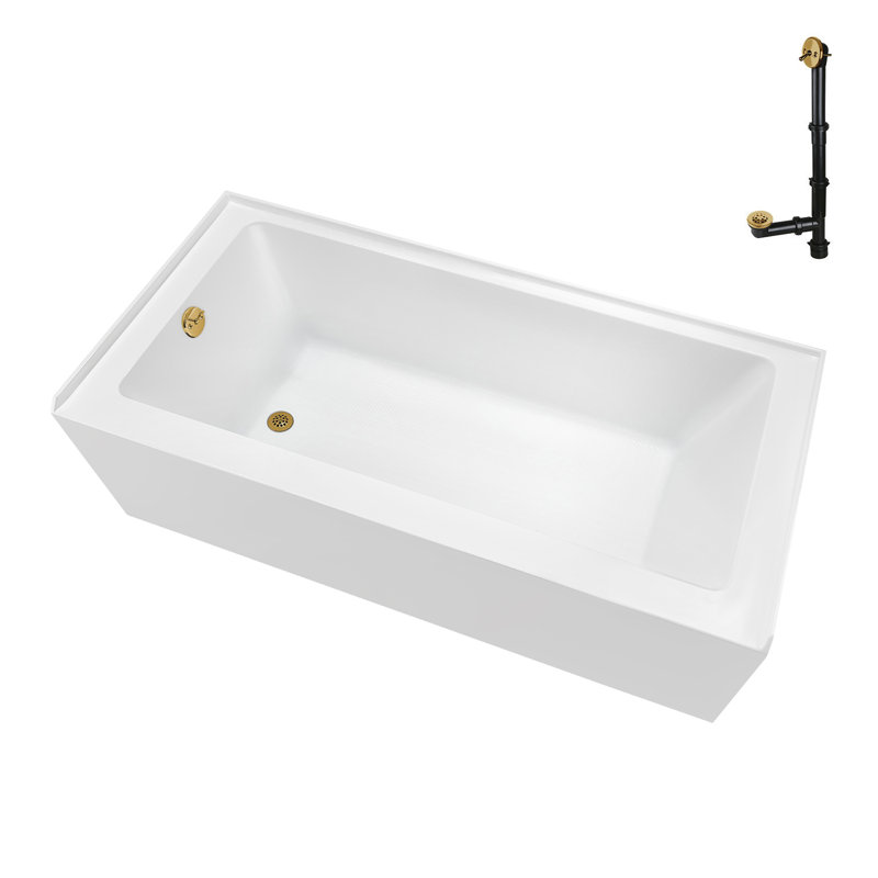 Streamline 66 in. x 32 in. Acrylic Left-Hand Drain Alcove Bathtub in Glossy White With External Drain, Brushed Gold