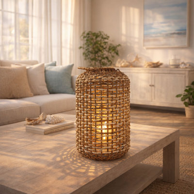 Lanterne moderne haute en osier avec poignée pour décoration de table - Bougeoir décoratif pour salon - Brun et beige
