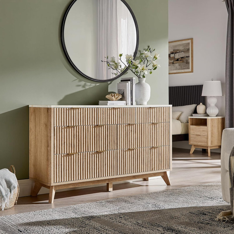 Commode à 7 tiroirs avec design cannelé, Chêne naturel