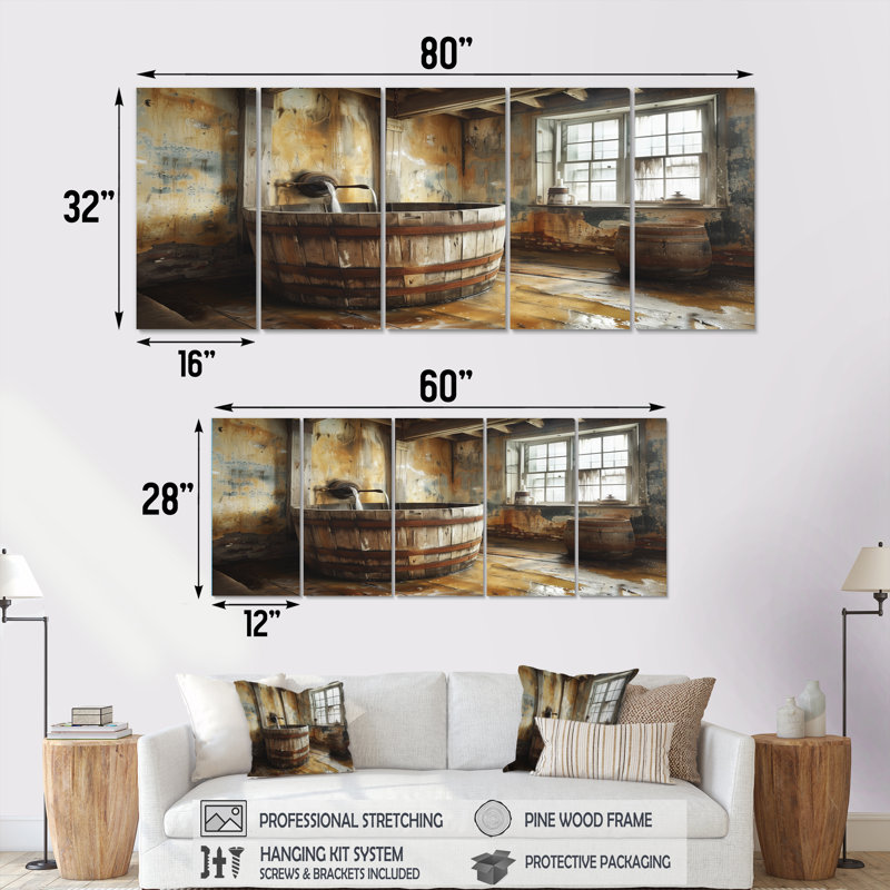 Brown Rustic Bathroom Charm I - Rustic Wall Art Set, 32" H x 80" W