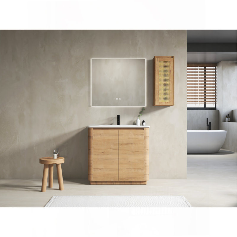 Meuble-lavabo sur pied 36 po avec lavabo en céramique et 2 portes à fermeture en douceur et armoire latérale, emballage KD, contreplaqué