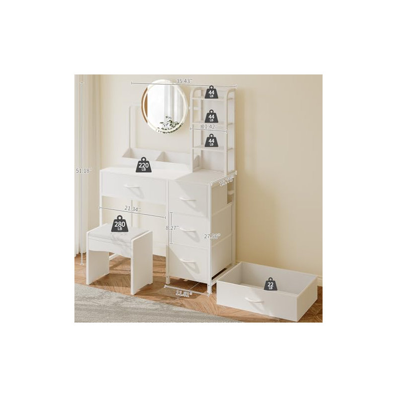 Vanity Desk with Mirror and Lights, Wood Dressing Table with 4 Fabric Drawers, 3 Colors Adjustable Light, Power Outlet, Makeup Table with Hair Dryer Rack