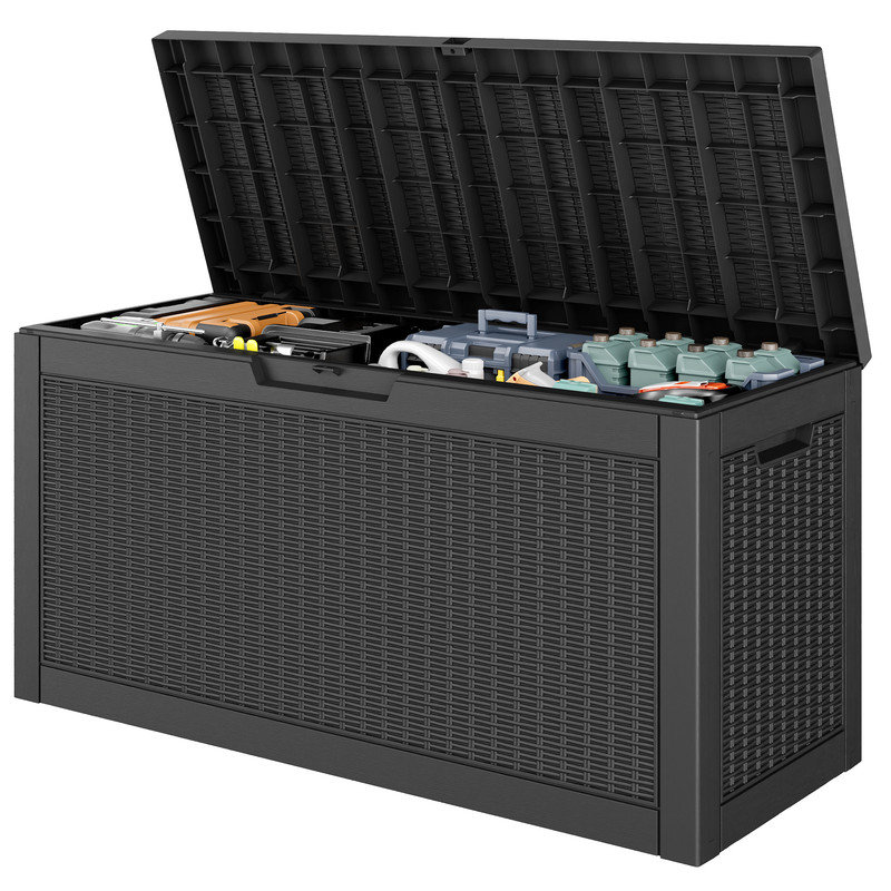 Coffre de terrasse en résine 75 gallons - Rangement extérieur résistant aux intempéries avec couvercle verrouillable et design en rotin