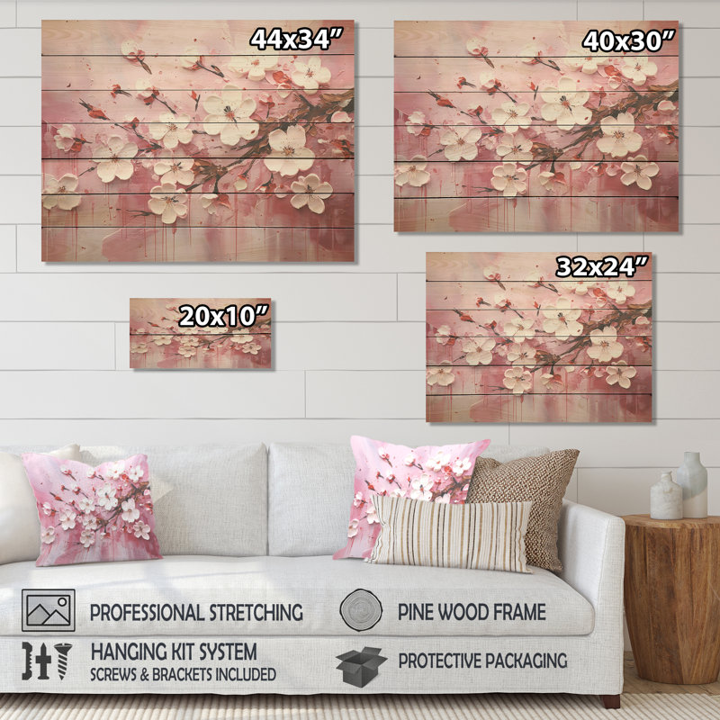 Cerisier blanc et rose Bloom II - cerisier sur bois, H 10 po x l 20 po