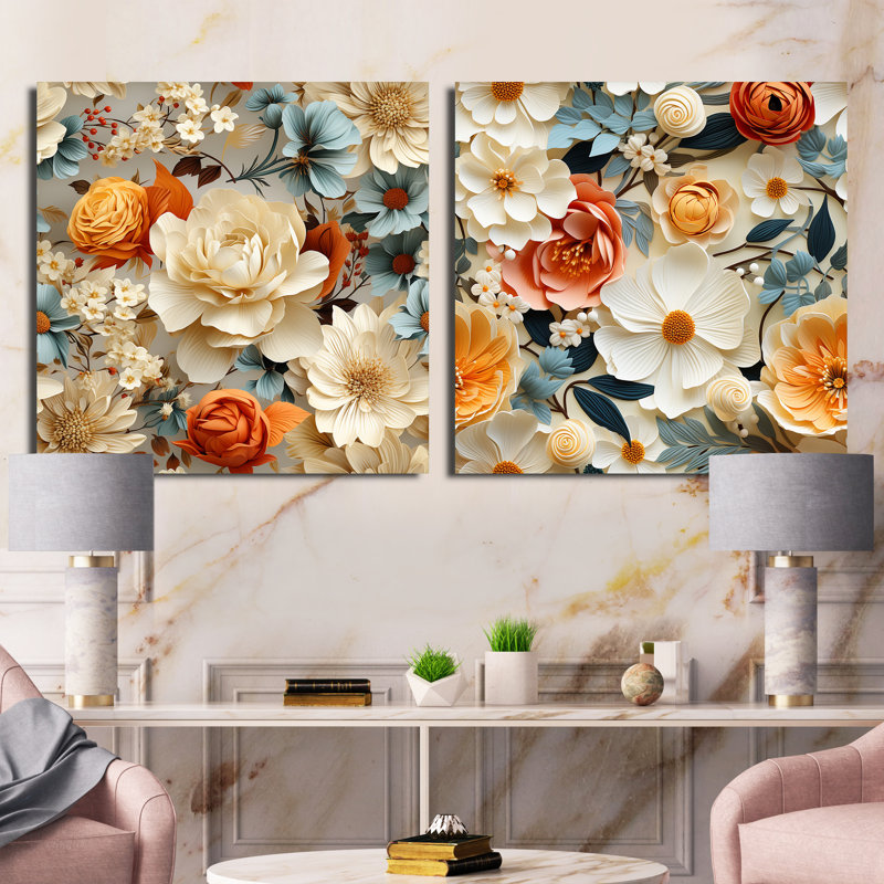 Padula - Ensemble de 2 collages carrés floraux, Toile tendue, H 30 po x l 61 po