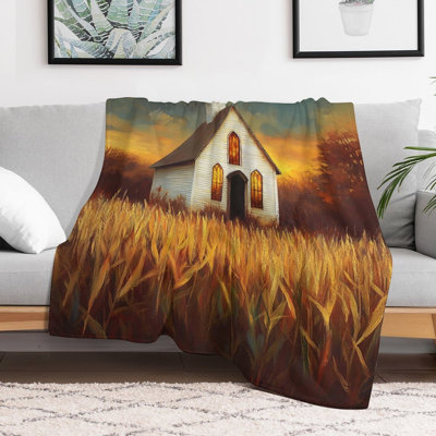 Sunset Church Amidst Golden Field Luxury Flannel Throw Blanket, Soft Warm Fuzzy Blanket for Living Room Sofa Bed Home Decor