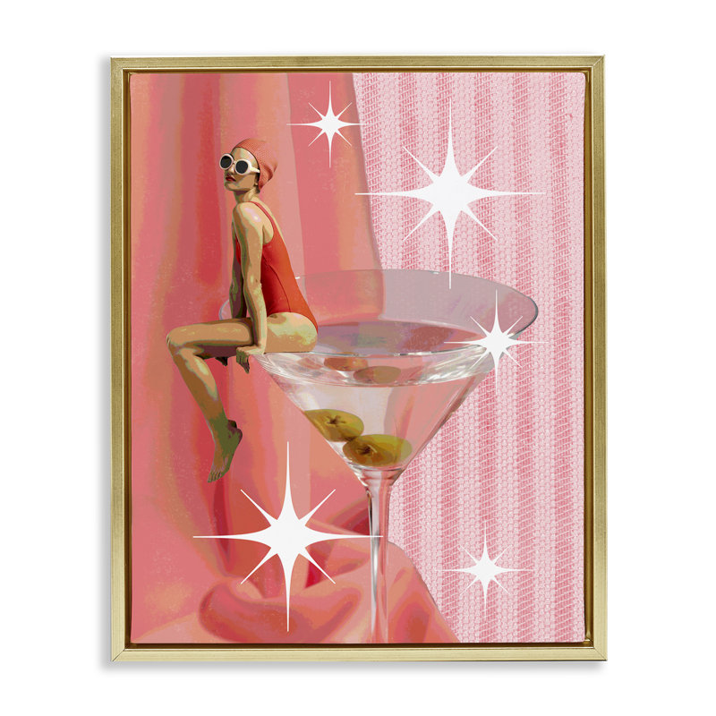  «Vintage Swimmer on Drink» par Daphne Polselli, H 21 po x l 17 po, Cadre flottant métallique doré