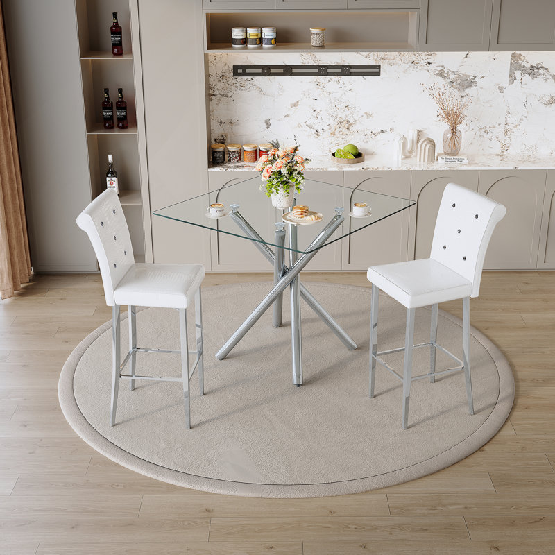 Ensemble de table de salle à manger 3 pièces, table de bar moderne en verre et tabourets de bar rembourrés, Blanc, Argent