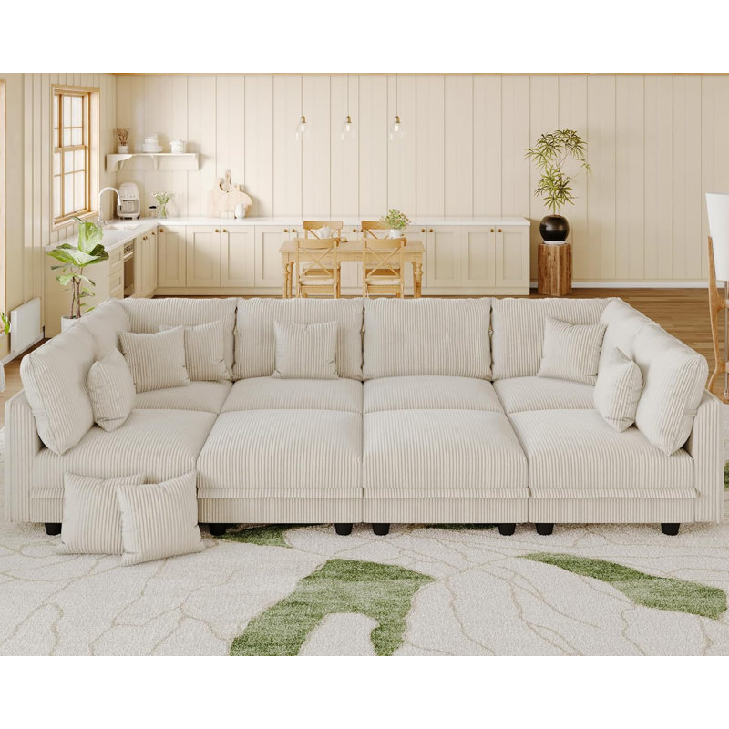 Degennaro 8 Seat Corduroy Convertible Modular Sectional Sleeper With Storage, Beige Corduroy