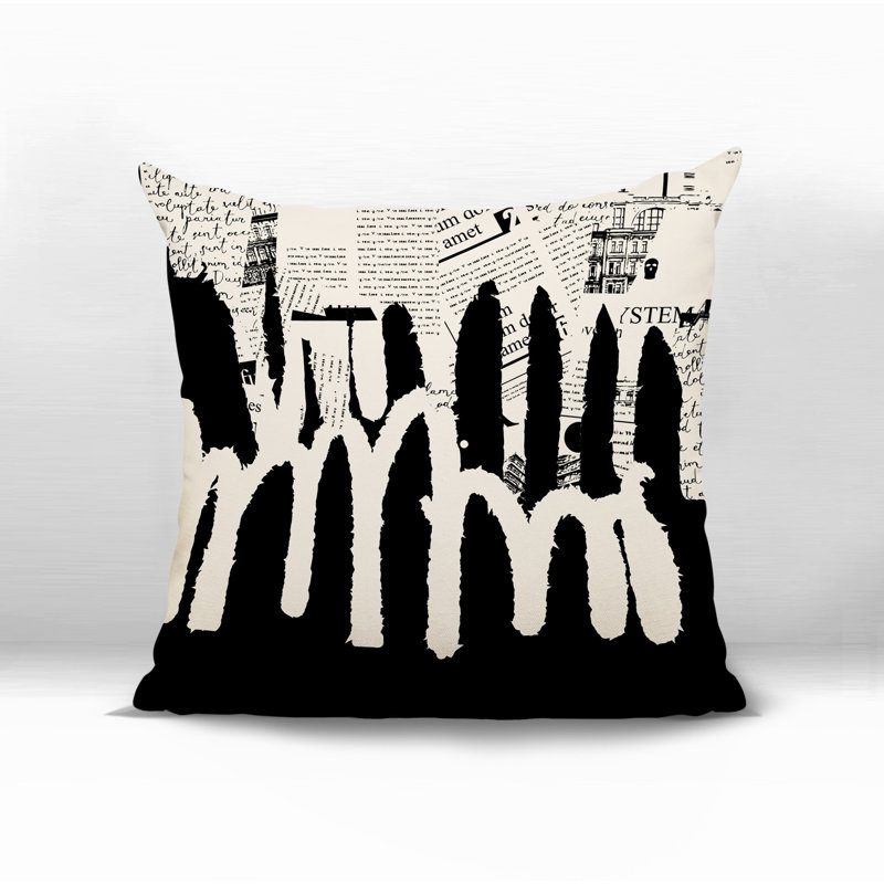 Oreiller carré réversible intérieur / extérieur Kisha, Noir / blanc cassé abstrait, H 17 po x l 17 po