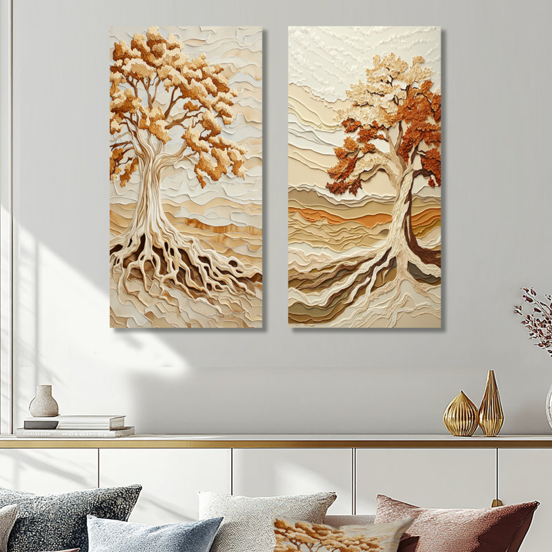 «Autumn Roots of Baobab Tree - Orange Woodland», ensemble de 2 impressions murales en métal orange, 40" H x 40" W