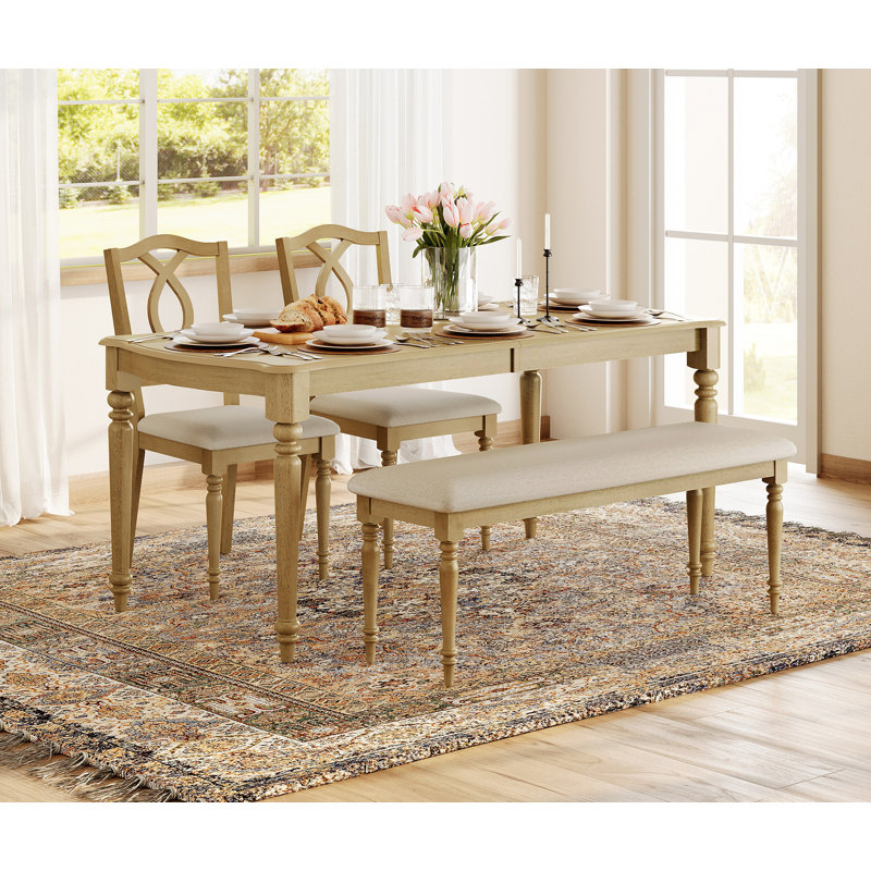 4 Piece Dining Table Set - Includes One Dining Table, One Upholstered Bench, Two Wood Dining Chairs, Farmhouse Dining Set, Oak