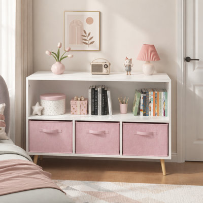 Multi-Functional Bookshelf with Three-Compartment Cloth Drawers, Safety Buckle, and Durable MDF for Efficient Modern Home Storage Solutions