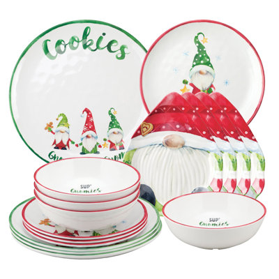 16 Piece Gnomies Melamine Dinnerware Set Plate and Bowl Set - Service for 4