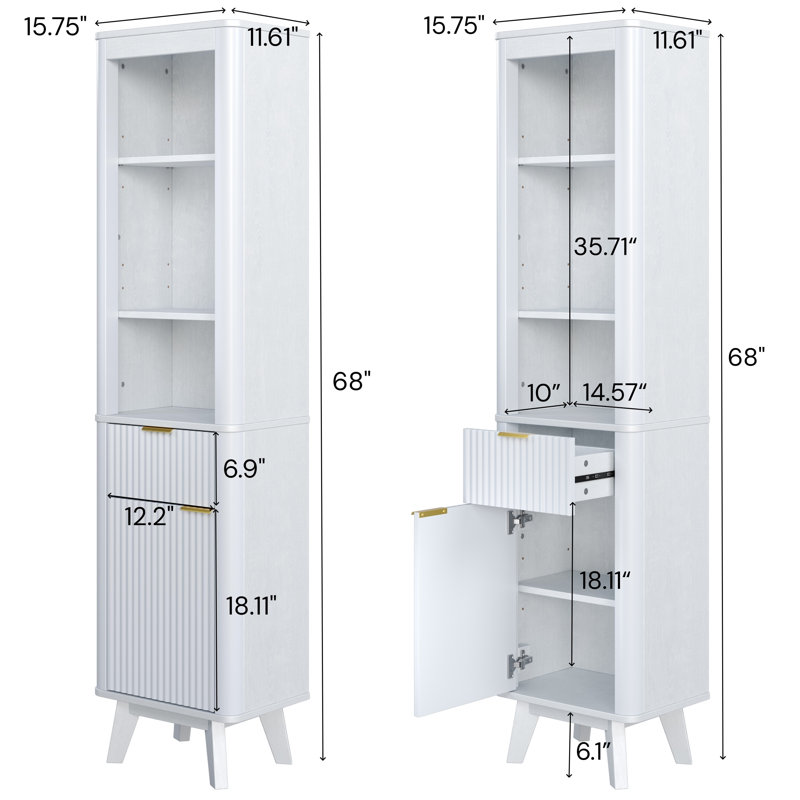 68" Tall Bathroom Storage Cabinet with Adjustable Shelves & Drawer, White
