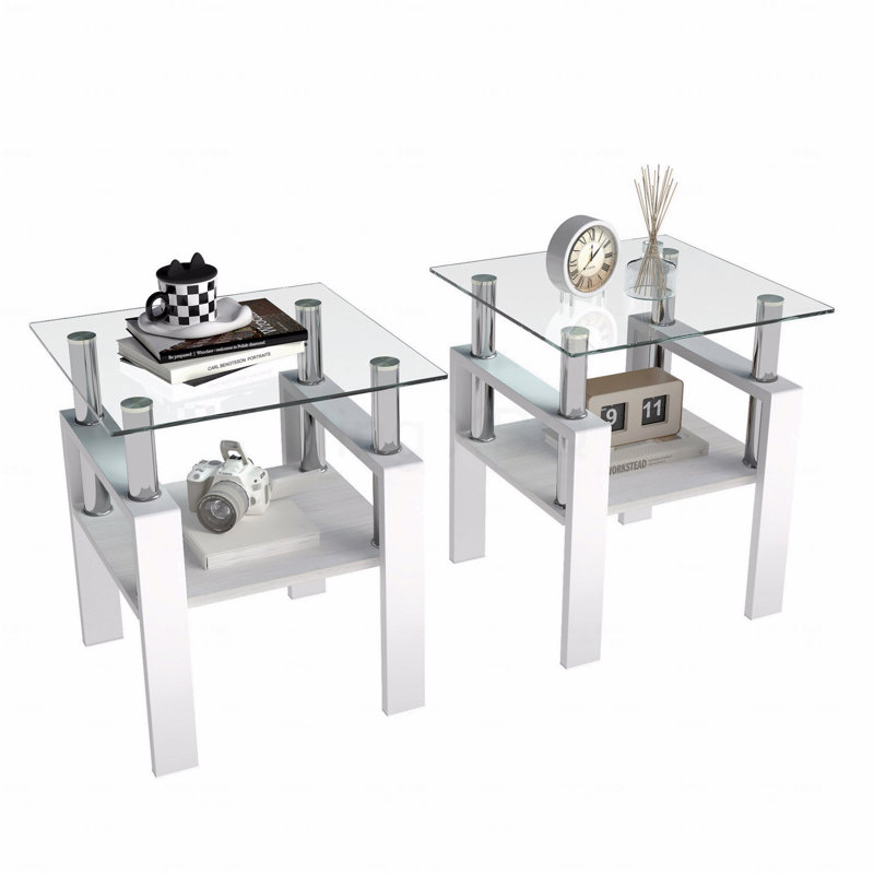 Table basse carrée en verre, ensemble de 2 tables de salon, ensemble de 2 tables de thé moderne trempé avec plateau en MDF et table de bout transparente / blanche