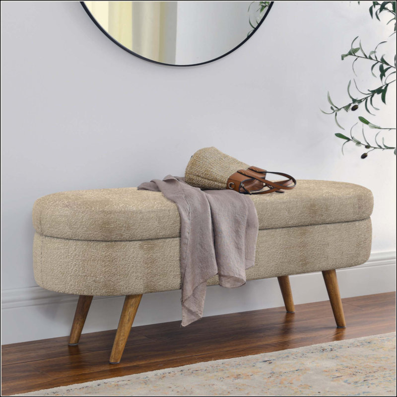 Banc de rangement avec repose-pieds ovale avec pieds en bois d'hévéa, siège polyvalent et repose-pieds avec rangement caché