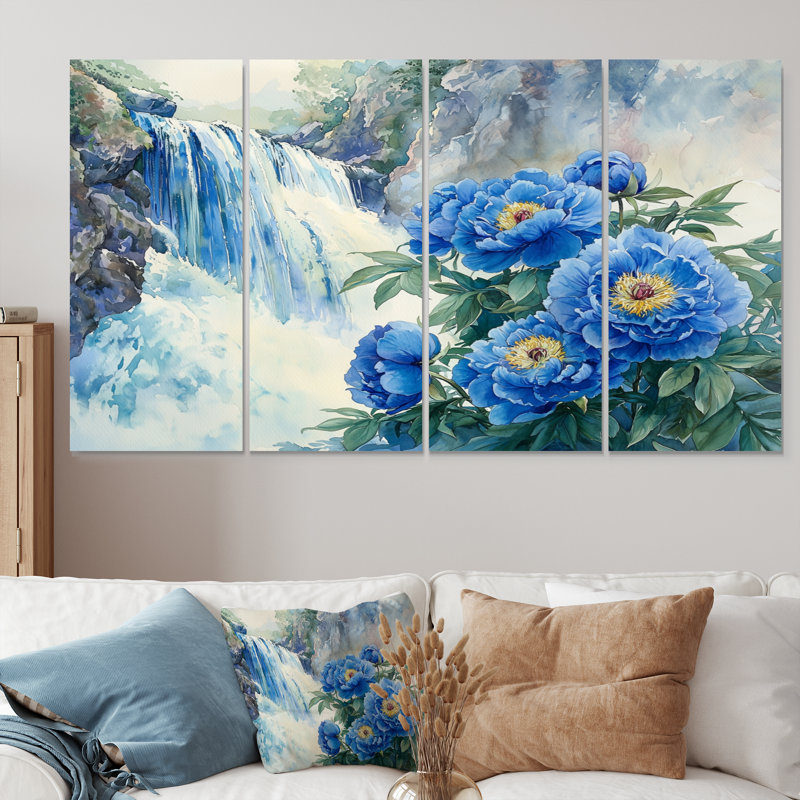 Pivoines par la cascade I - par Art - ensemble de décoration murale traditionnelle, H 28 po x l 48 po, 4