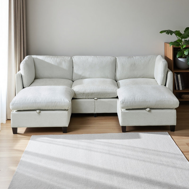 96.5" Sectional Couch For Living Room, Upholstered Soft Chenille Fabric Sofa With Storage, 3-Seater With Two Ottomans U Shape Sofa