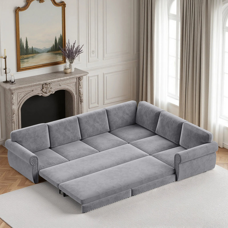 118" L-Shaped Sofa Couch With Pull-Out Bed,Oversize Convertible Sleeper Sofa, Light Grey, Light Gray